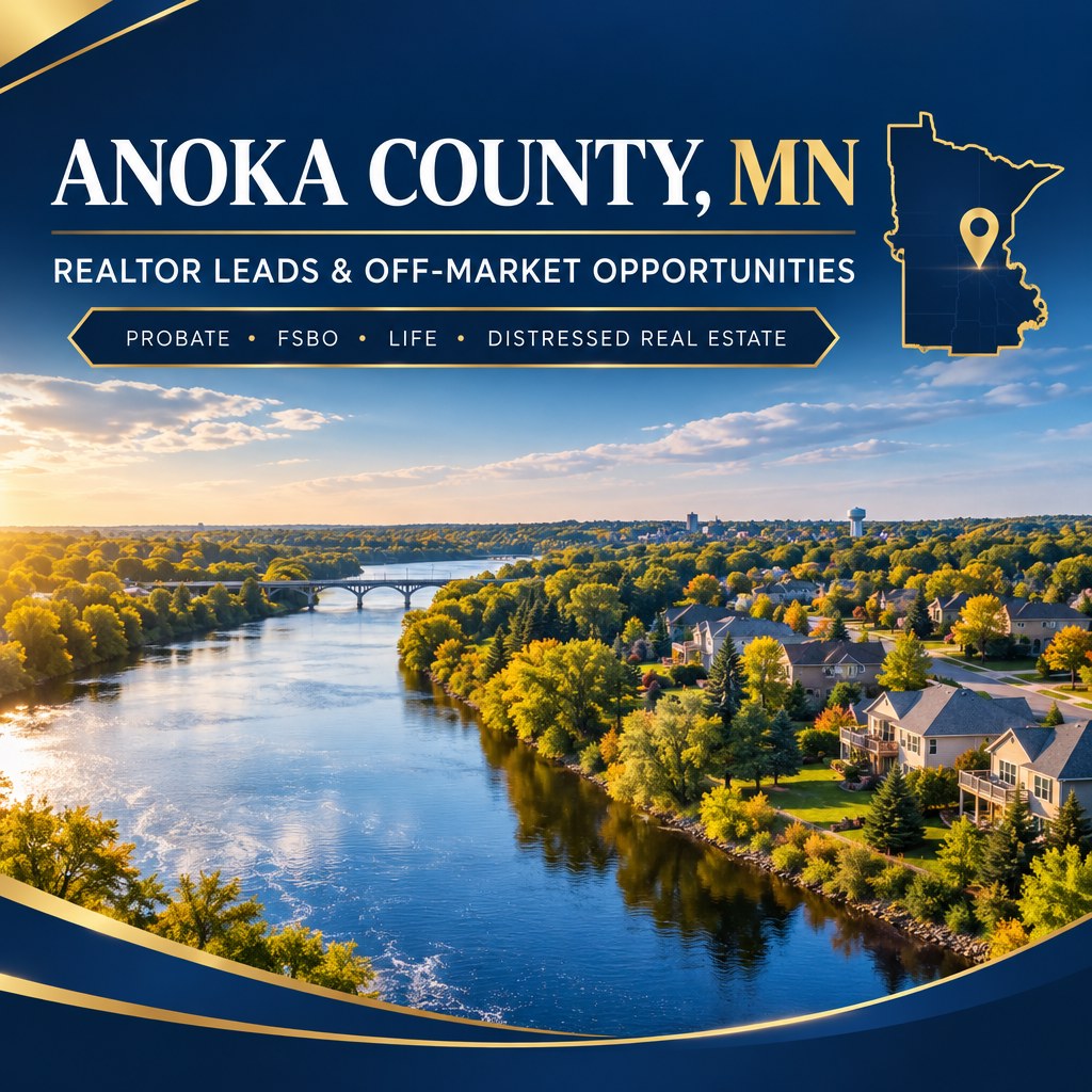 Find targeted realtor lead generation in Anoka County, MN. Explore probate, pre-probate, FSBO, life, divorce, and distressed real estate opportunities with ForeclosuresDaily.com’s off-market platform.
