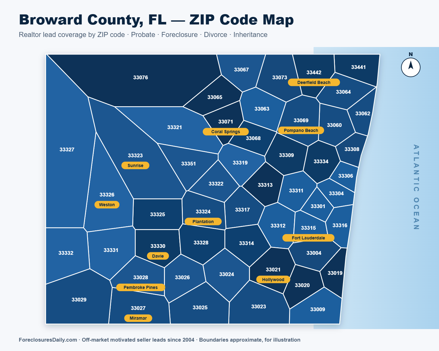 Broward County FL ZIP code map for realtor leads — Fort Lauderdale, Hollywood, Pembroke Pines, Coral Springs, Pompano Beach, Weston