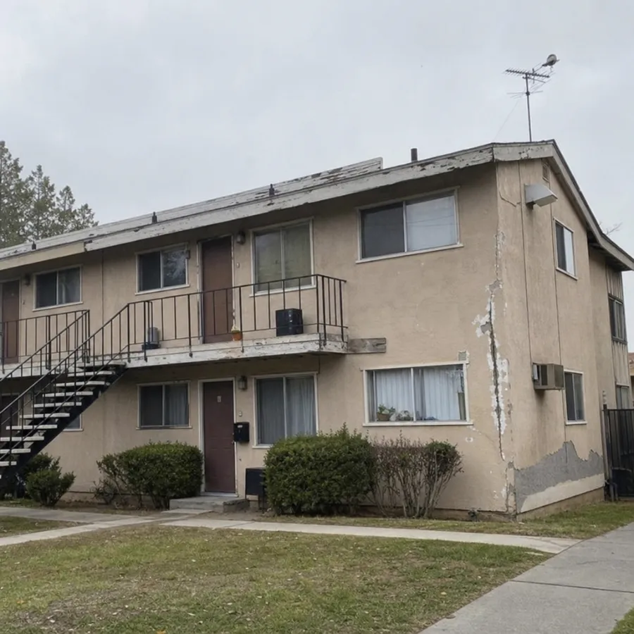 Older multifamily property with visible exterior repair needs