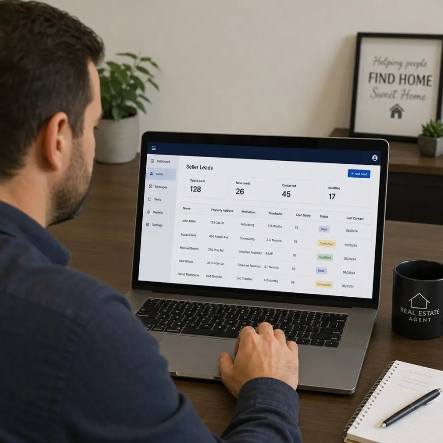 Real estate agent reviewing customized seller lead data on a laptop