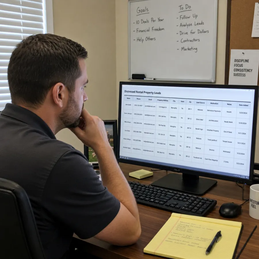 Real estate professional reviewing distressed rental property eviction leads