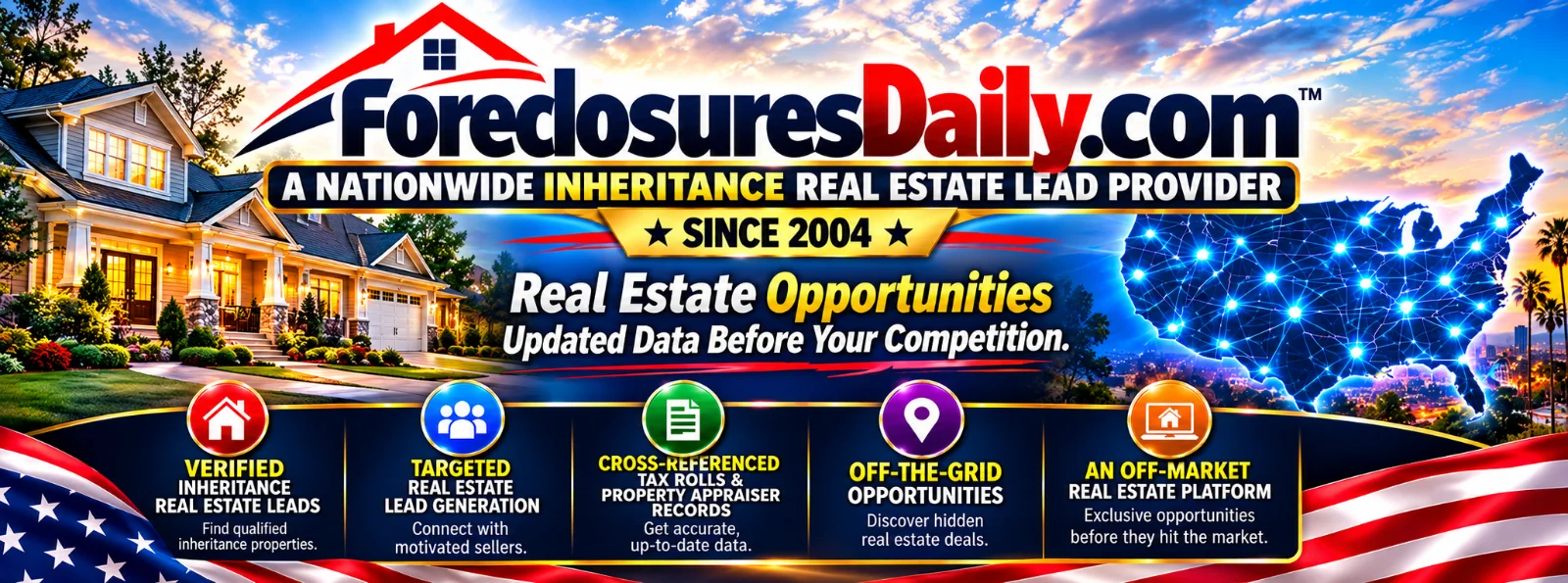 ForeclosuresDaily.com inheritance real estate leads banner: nationwide off-market real estate platform since 2004