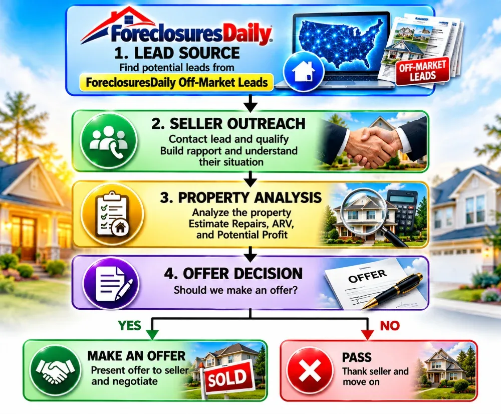 ForeclosuresDaily.com workflow: 1. lead source, 2. seller outreach, 3. property analysis