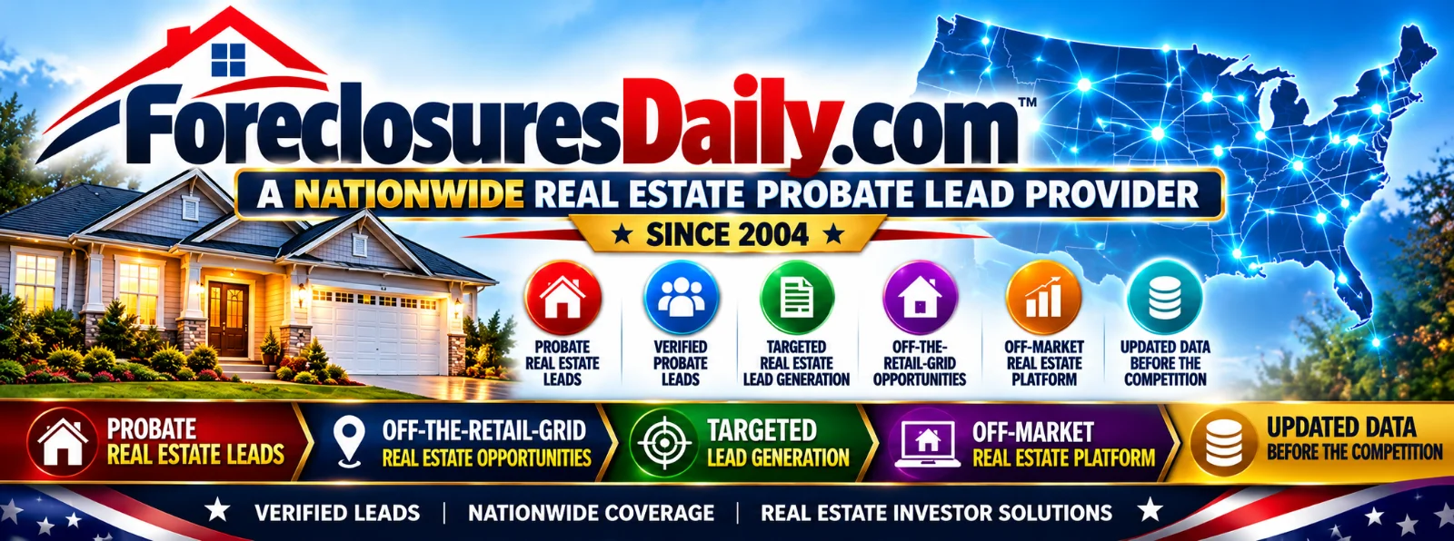ForeclosuresDaily.com probate real estate leads banner: nationwide off-market real estate platform since 2004 with verified probate leads