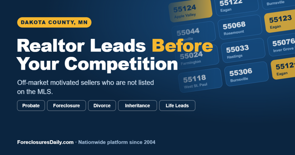 Realtor leads in Dakota County MN, off-market probate, foreclosure, divorce, and inheritance seller leads from ForeclosuresDaily.com