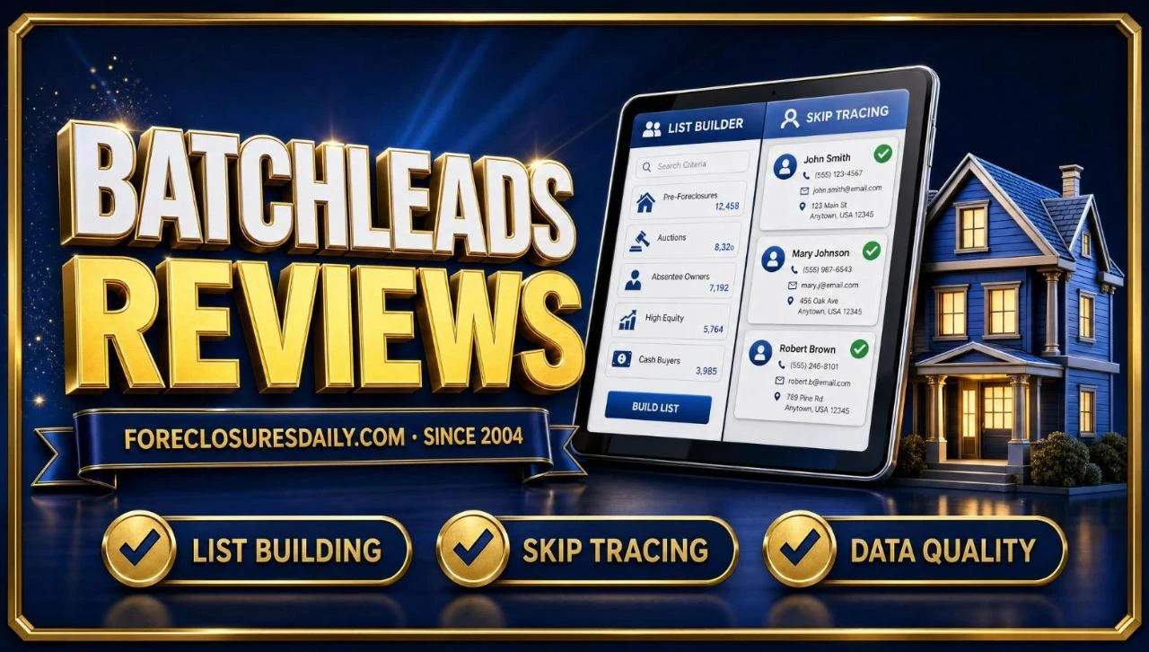 BatchLeads reviews 3D hero: tablet with list builder and skip tracing cards beside a house, checks for list building, skip tracing and data quality