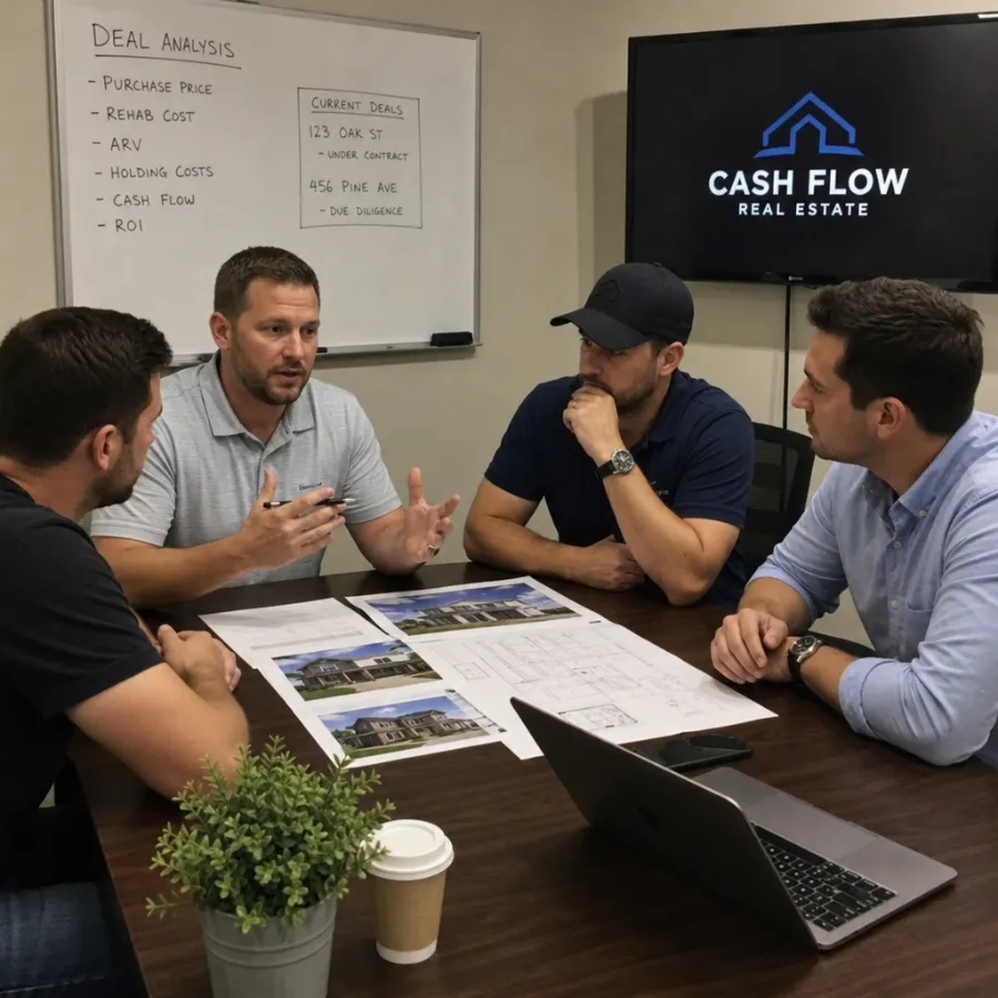 real estate investors discussing property deals around a table