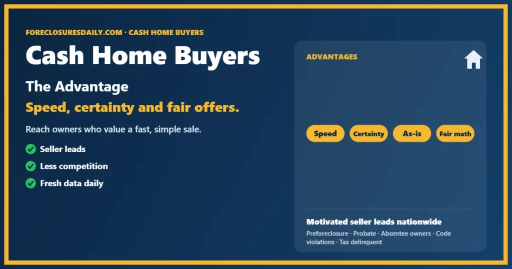 Cash home buyers advantage guide from ForeclosuresDaily.com