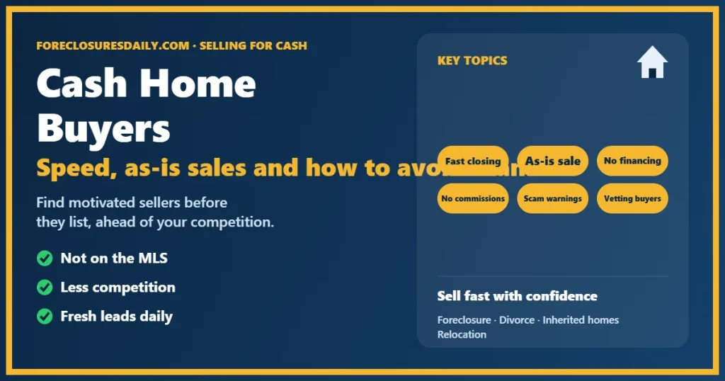 Cash home buyers guide for sellers from ForeclosuresDaily.com