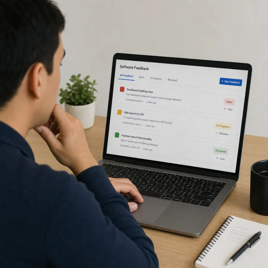 person reviewing software feedback on a laptop