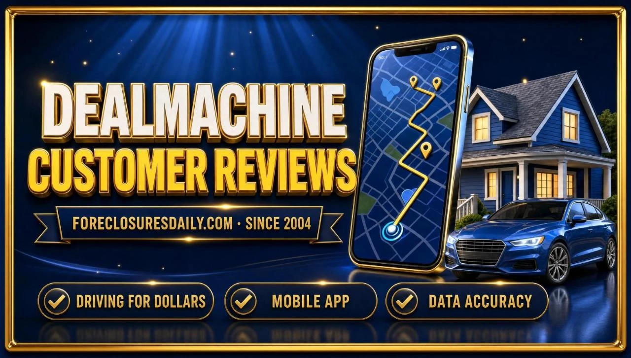 DealMachine customer reviews 3D hero: smartphone route map, car and house with driving for dollars, mobile app and data accuracy checks