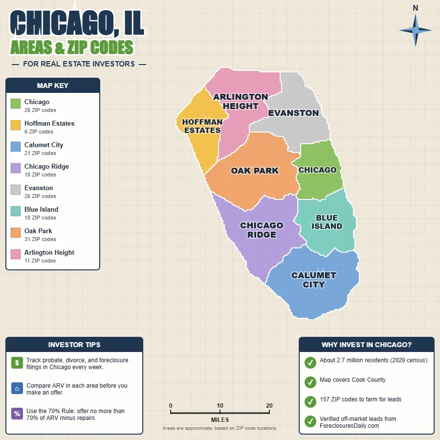 Chicago, Illinois distressed properties map by area and ZIP code
