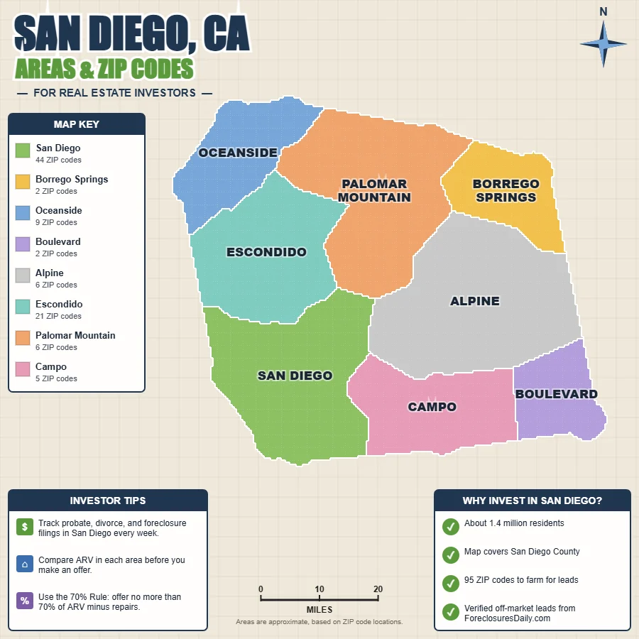 San Diego, California distressed properties map by area and ZIP code
