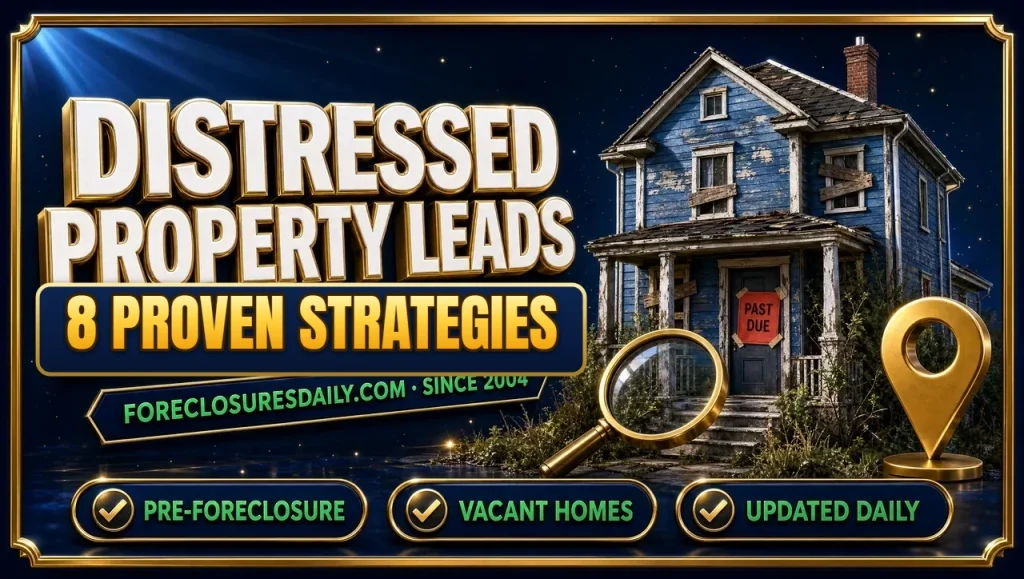 Distressed property leads 8 proven strategies 3D hero: weathered house with past due notice, magnifying glass and map pin with pre-foreclosure, vacant homes and updated daily checks
