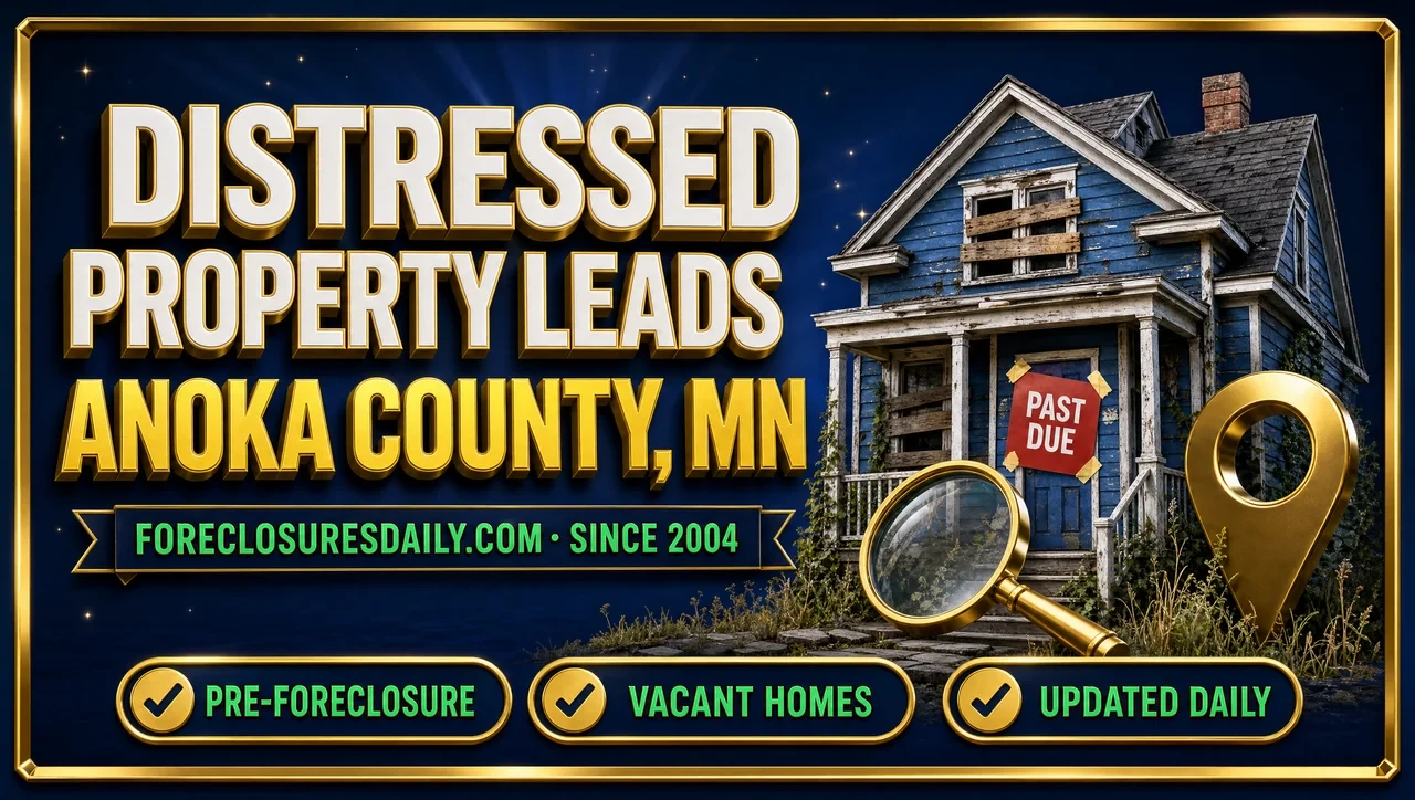 Distressed property leads Anoka County, MN 3D hero: weathered house with past due notice, magnifying glass and map pin with pre-foreclosure, vacant homes and updated daily checks
