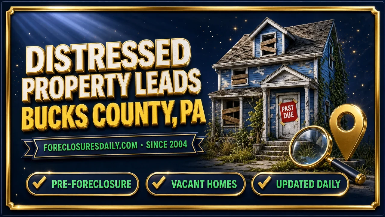 Distressed property leads Bucks County, PA 3D hero: weathered house with past due notice, magnifying glass and map pin with pre-foreclosure, vacant homes and updated daily checks