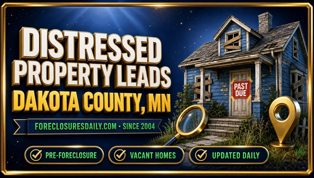 Distressed property leads Dakota County, MN 3D hero: weathered house with past due notice, magnifying glass and map pin with pre-foreclosure, vacant homes and updated daily checks