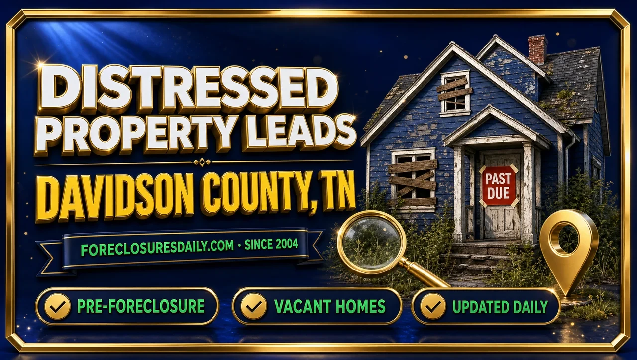 Distressed property leads Davidson County, TN 3D hero: weathered house with past due notice, magnifying glass and map pin with pre-foreclosure, vacant homes and updated daily checks