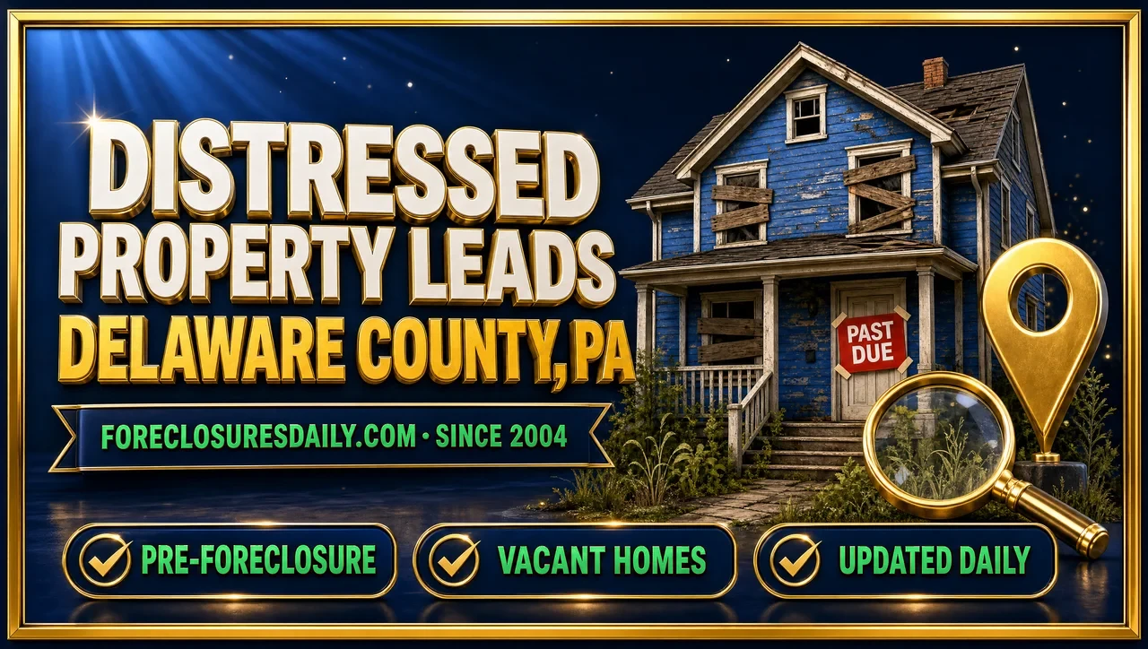 Distressed property leads Delaware County, PA 3D hero: weathered house with past due notice, magnifying glass and map pin with pre-foreclosure, vacant homes and updated daily checks