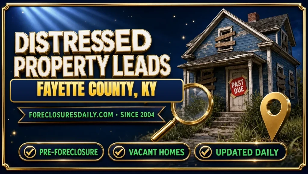 Distressed property leads Fayette County, KY 3D hero: weathered house with past due notice, magnifying glass and map pin with pre-foreclosure, vacant homes and updated daily checks