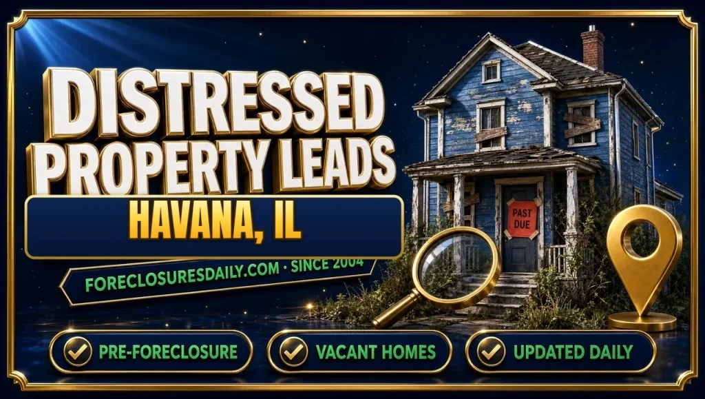Distressed property leads Havana, IL 3D hero: weathered house with past due notice, magnifying glass and map pin with pre-foreclosure, vacant homes and updated daily checks