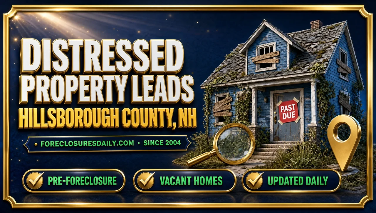 Distressed property leads Hillsborough County, NH 3D hero: weathered house with past due notice, magnifying glass and map pin with pre-foreclosure, vacant homes and updated daily checks
