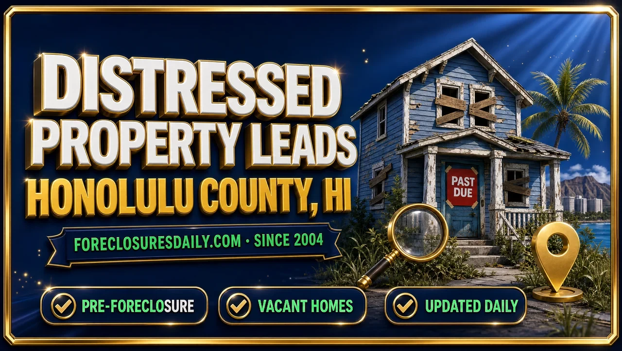 Distressed property leads Honolulu County, HI 3D hero: weathered house with past due notice, magnifying glass and map pin with pre-foreclosure, vacant homes and updated daily checks