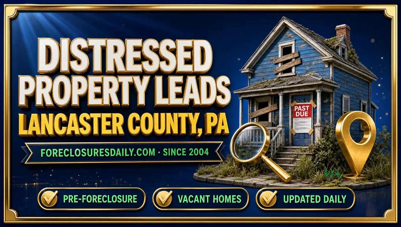 Distressed property leads Lancaster County, PA 3D hero: weathered house with past due notice, magnifying glass and map pin with pre-foreclosure, vacant homes and updated daily checks