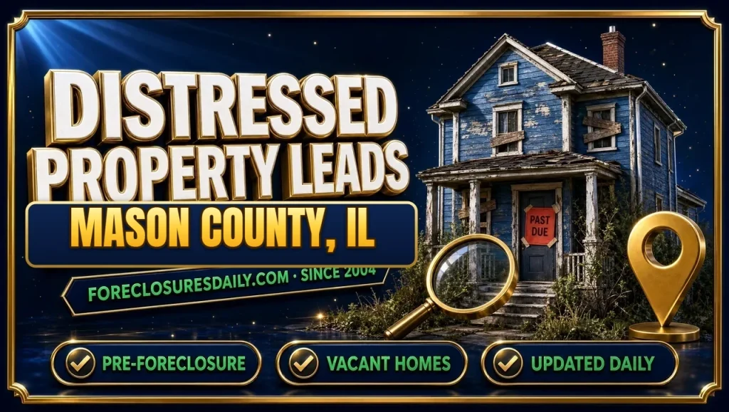 Distressed property leads Mason County, IL 3D hero: weathered house with past due notice, magnifying glass and map pin with pre-foreclosure, vacant homes and updated daily checks