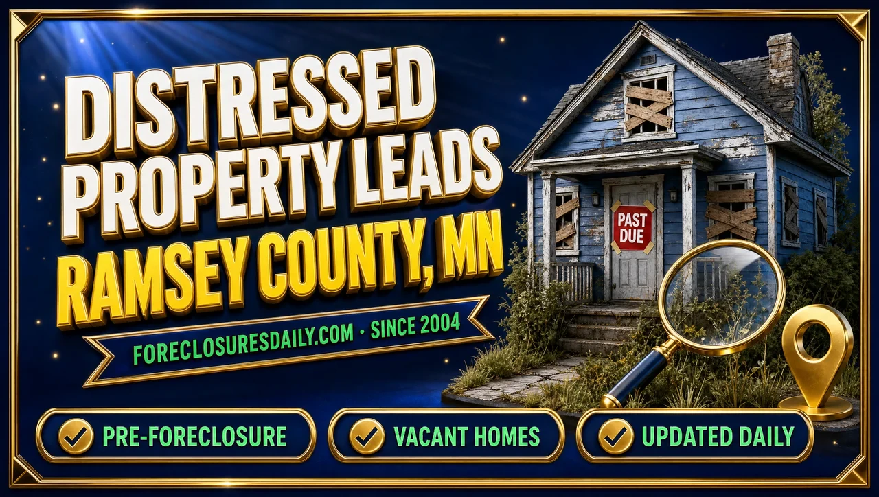 Distressed property leads Ramsey County, MN 3D hero: weathered house with past due notice, magnifying glass and map pin with pre-foreclosure, vacant homes and updated daily checks