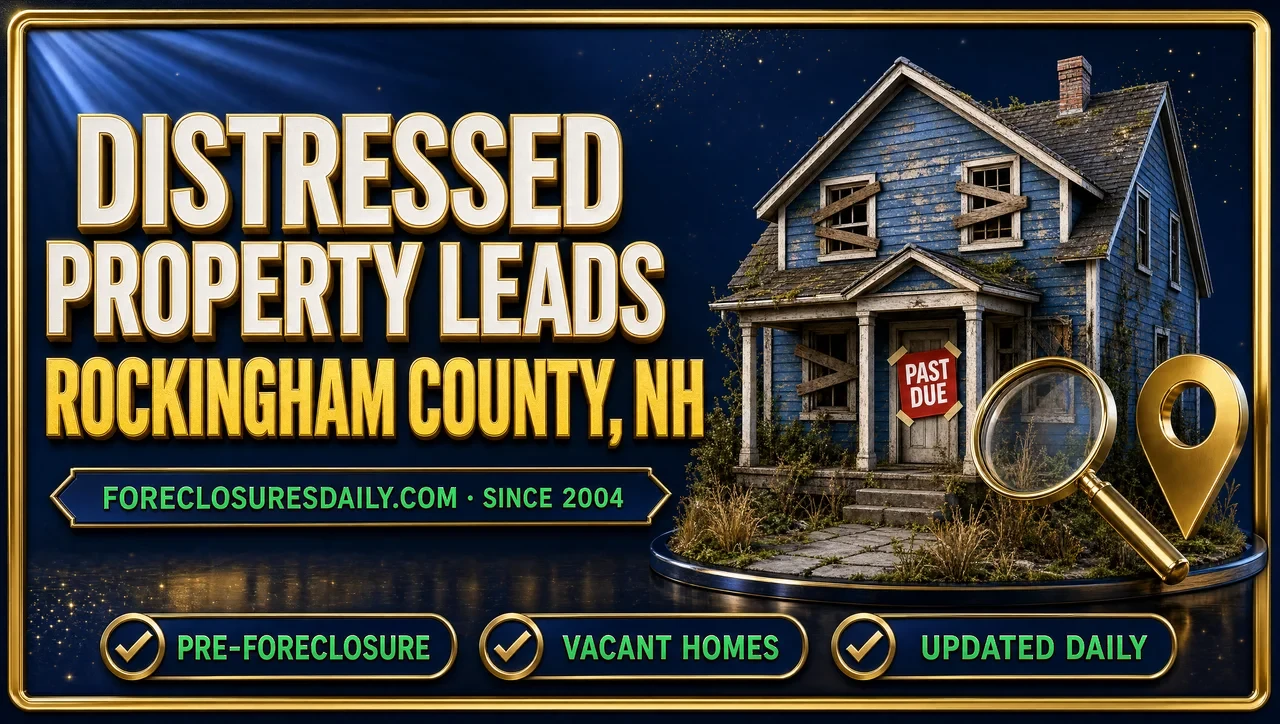 Distressed property leads Rockingham County, NH 3D hero: weathered house with past due notice, magnifying glass and map pin with pre-foreclosure, vacant homes and updated daily checks