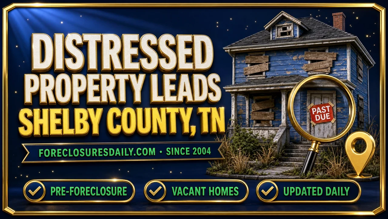 Distressed property leads Shelby County, TN 3D hero: weathered house with past due notice, magnifying glass and map pin with pre-foreclosure, vacant homes and updated daily checks