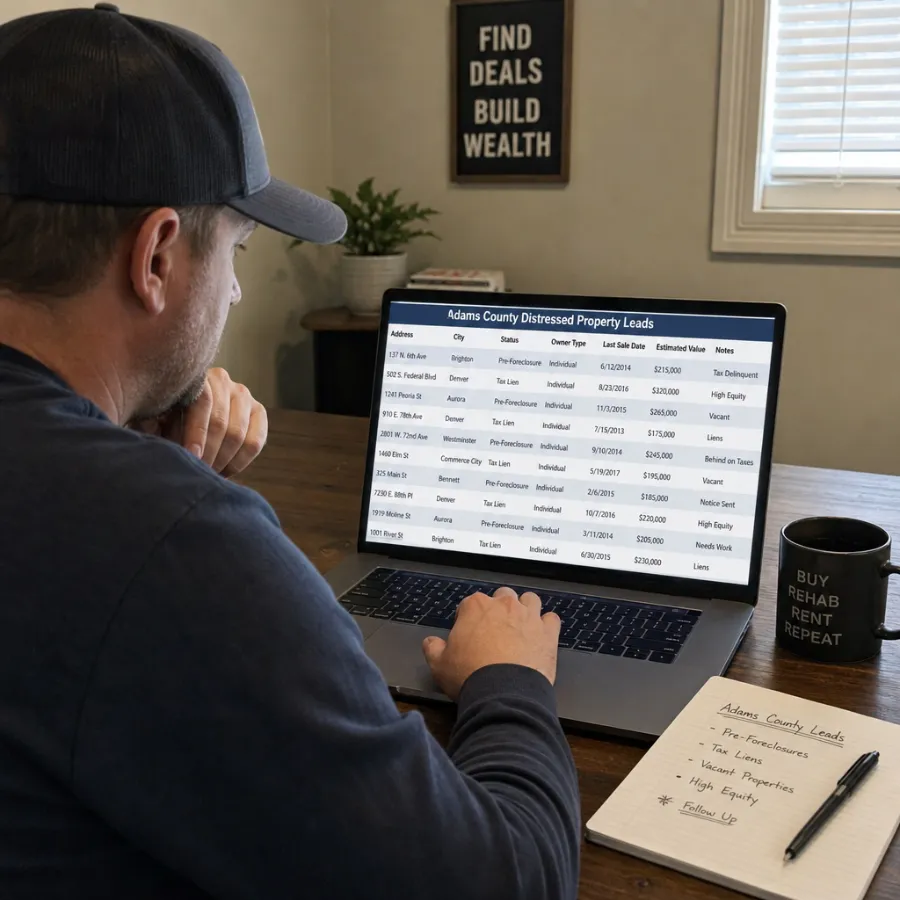 Investor reviewing Adams County distressed property leads on a laptop