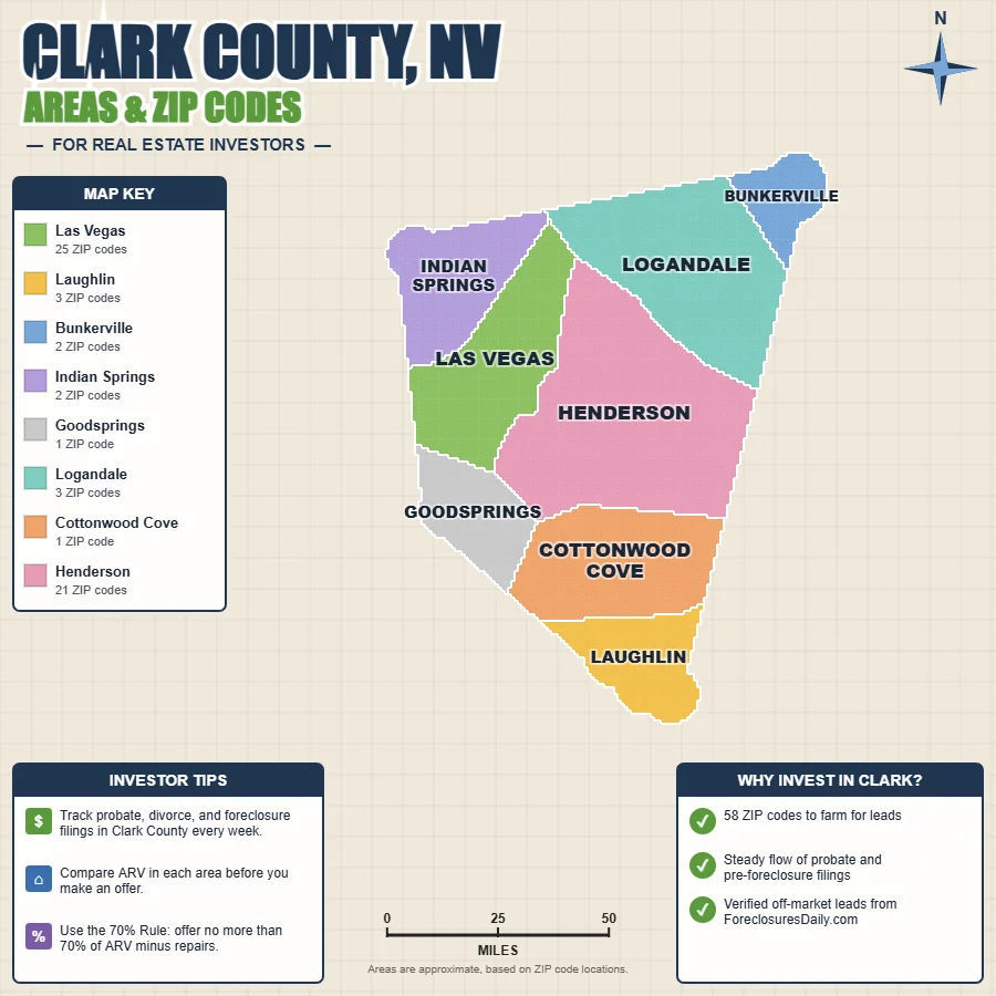 Clark County, Nevada areas and ZIP codes map for real estate investors