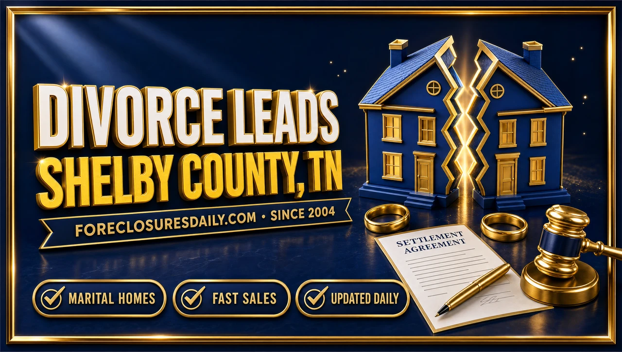 Divorce leads Shelby County, TN 3D hero: house split in two with wedding rings, settlement agreement and gavel with marital homes, fast sales and updated daily checks