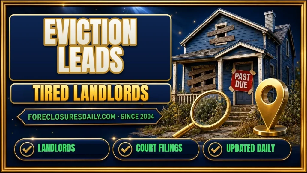 Eviction leads Tired landlords 3D hero: weathered house with past due notice, magnifying glass and map pin with landlords, court filings and updated daily checks