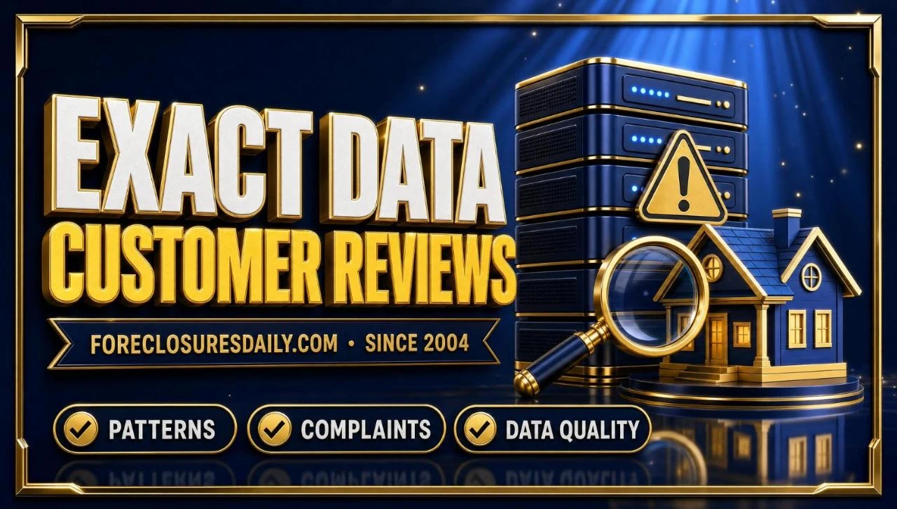 Exact Data customer reviews 3D hero: data server, warning sign and magnifying glass beside a house with patterns, complaints and data quality checks