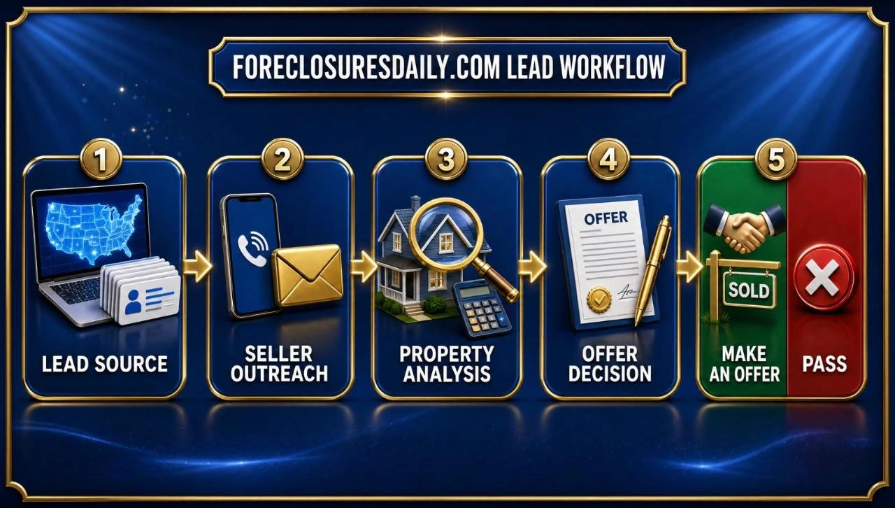 ForeclosuresDaily.com lead workflow: lead source, seller outreach, property analysis, offer decision, make an offer or pass
