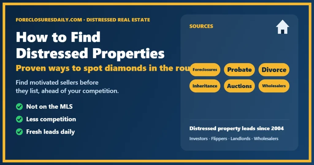 How to find distressed properties guide from ForeclosuresDaily.com