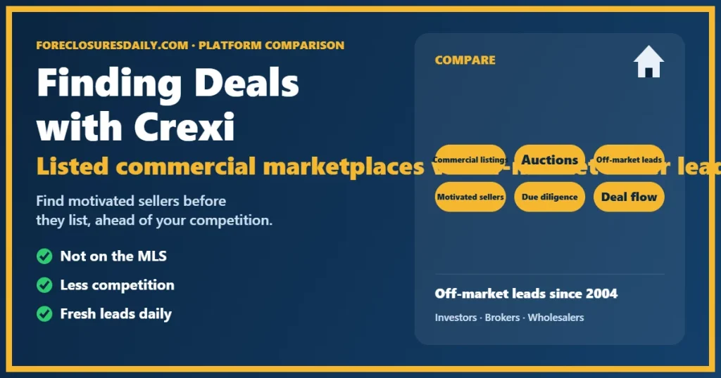 Finding deals with Crexi compared with ForeclosuresDaily.com off-market leads