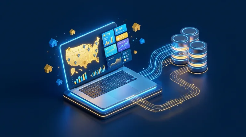 ForeclosuresDaily data platform: a laptop dashboard with a US map of property pins and charts, connected by data lines to database servers