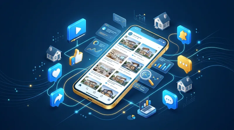 Follow ForeclosuresDaily.com on social media: a smartphone feed of property posts with likes, comments and shares
