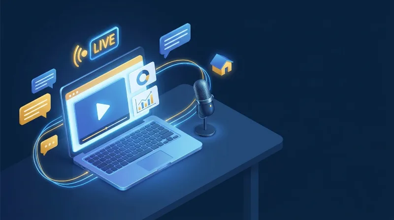 Live real estate webinar: a laptop presentation, studio microphone and chat bubbles