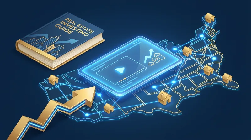 Real estate investor learning: a webinar on a tablet, an investing guidebook, a US map of connected properties and a rising growth arrow