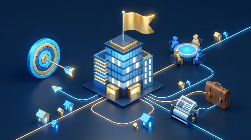 ForeclosuresDaily company: an office headquarters with a gold flag, a mission target, a team table, press and careers icons