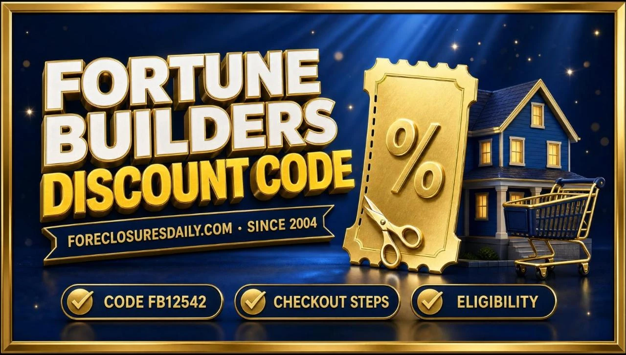 Fortune Builders discount code FB12542 3D hero: gold coupon ticket, house and checkout cart with code, checkout steps and eligibility checks
