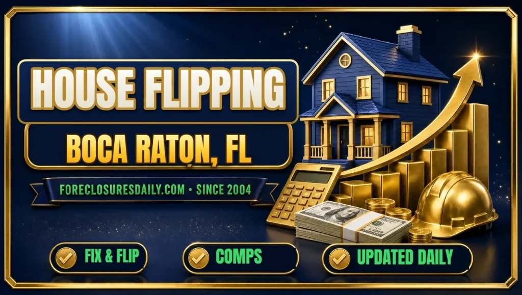 House flipping Boca Raton, FL 3D hero: house on rising gold bar chart with calculator, hard hat and cash with fix and flip, comps and updated daily checks