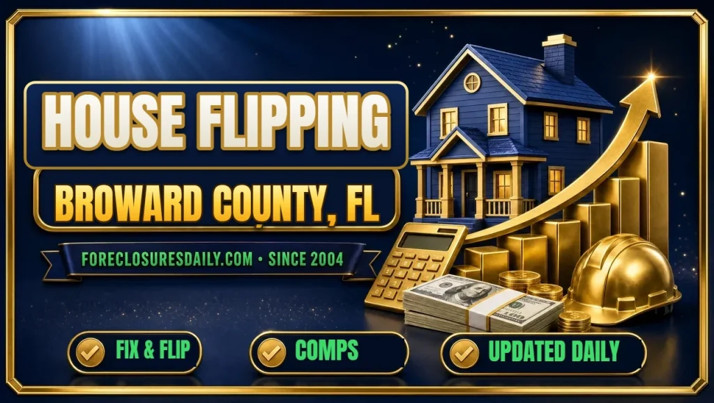 House flipping Broward County, FL 3D hero: house on rising gold bar chart with calculator, hard hat and cash with fix and flip, comps and updated daily checks