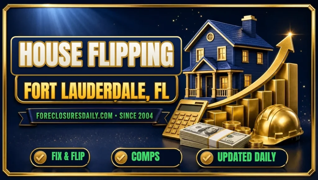 House flipping Fort Lauderdale, FL 3D hero: house on rising gold bar chart with calculator, hard hat and cash with fix and flip, comps and updated daily checks