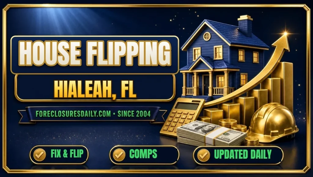 House flipping Hialeah, FL 3D hero: house on rising gold bar chart with calculator, hard hat and cash with fix and flip, comps and updated daily checks
